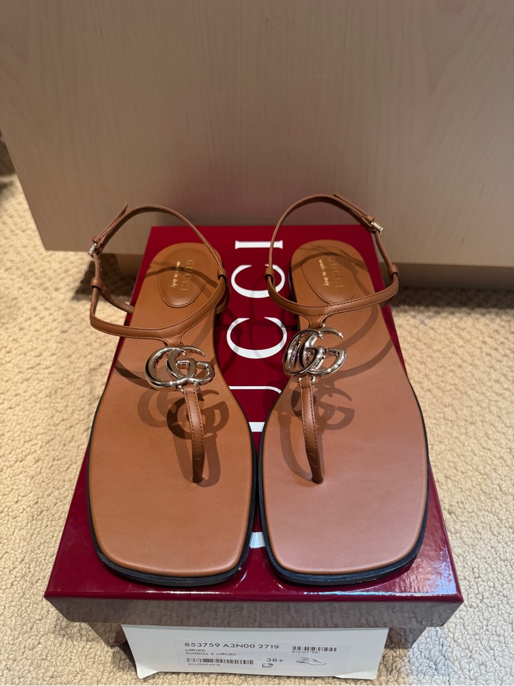 Gucci Tan Leather Thong Sandal with Gold Double-G